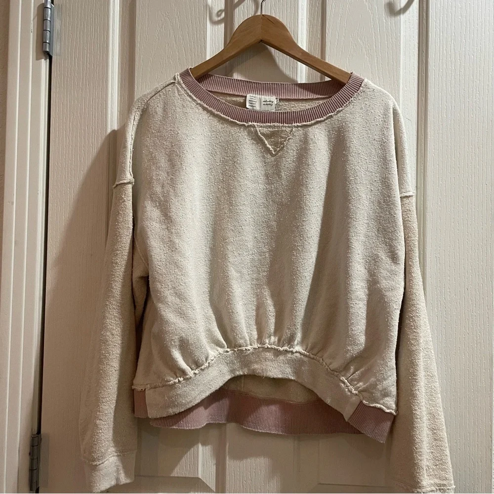 Anthropologie Saturday Sunday Au Fait Cream Pink Metallic Trim Linen Sweatshirt - Picture 6 of 12